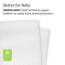 UPPAbaby waterproof mattress covers for Remi V2 Playard, featuring a diamond pattern and GREENGUARD Gold certification for low emissions.