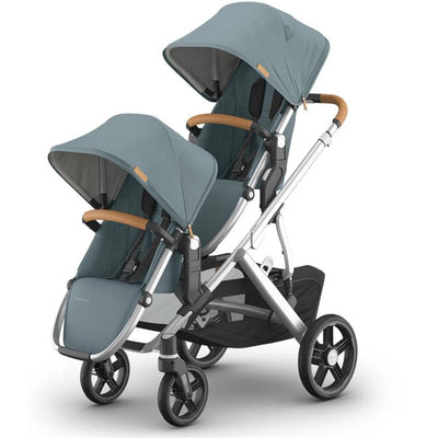 Uppababy Vista V3 stroller in Callum color with two seats, adjustable canopies, and a silver frame.