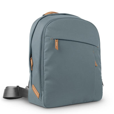 Uppababy Changing Backpack in Stone Blue with Sand Leather accents, featuring a sleek design and multiple zippered compartments.