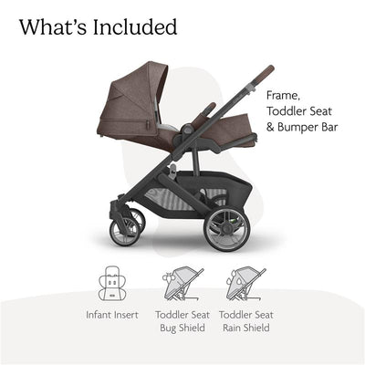 Uppababy Cruz V3 stroller in Mocha Mélange with carbon frame and chestnut leather, includes frame, toddler seat, and bumper bar.