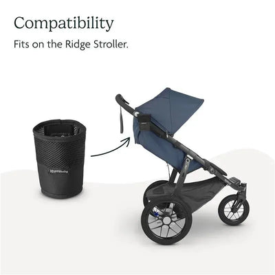 Uppababy cup holder designed for the Ridge stroller, shown beside the stroller with an arrow indicating compatibility.