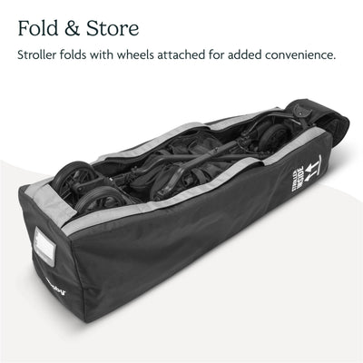 UPPAbaby G-Series Stroller Travel Bag, featuring a compact design for storing a folded stroller with attached wheels.