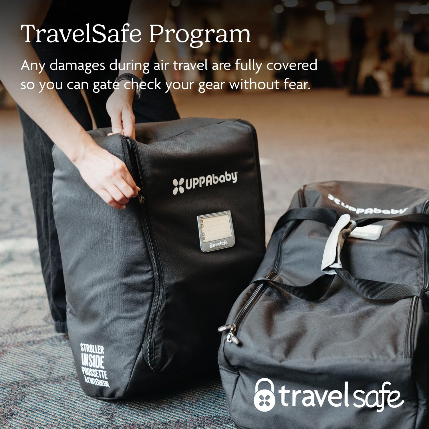 UPPAbaby G-Series Stroller Travel Bag with TravelSafe Program text, showing a person zipping the bag in an airport setting.