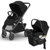 Uppababy Kona stroller in black with a reclining seat and Aria V2 infant car seat, both featuring a sleek design.