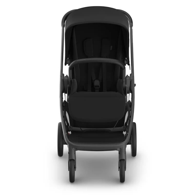 Uppababy Kona Stroller in James Black, shown from the front with a padded seat, adjustable canopy, and rear wheels.