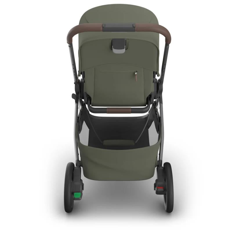 Uppababy Kona Stroller in Meadow Green, featuring a brown handle, spacious seat, and undercarriage storage.