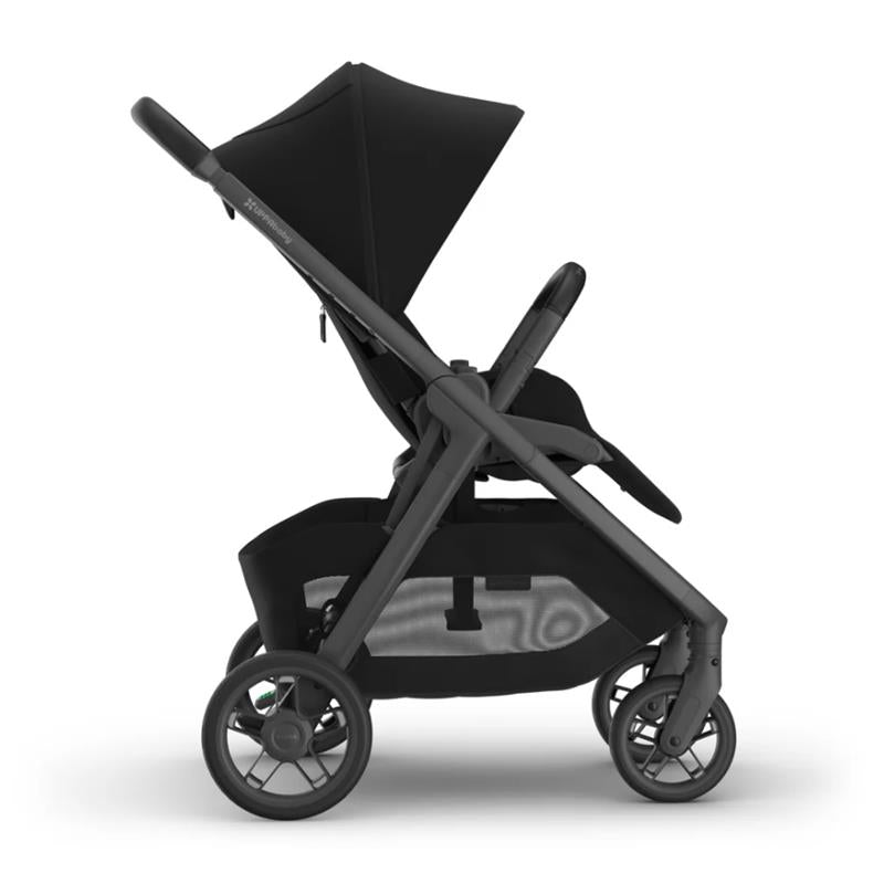 Uppababy Kona Stroller with a black canopy and seat, showcasing its sleek design and sturdy wheels.