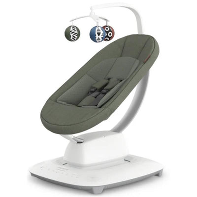 Uppababy Mamaroo Smart Swing in dark green mélange, featuring a plush seat, harness system, and toy mobile.