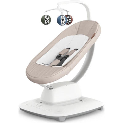 Uppababy Mamaroo Smart Swing in Charlie (Sand Melange) with a soft fabric seat, adjustable recline, and hanging toys.