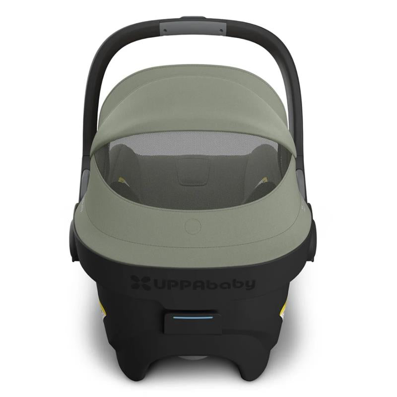 Uppababy Mesa V3 Infant Car Seat in Meadow Green with a removable canopy and a padded interior.