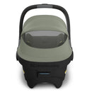 Uppababy Mesa V3 Infant Car Seat in Meadow Green with a removable canopy and a padded interior.