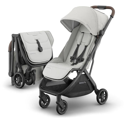 Compact Uppababy Minu V3 stroller in Pearl Gray Melange with a carbon frame and chestnut leather handle, both in an unfolded and folded position.