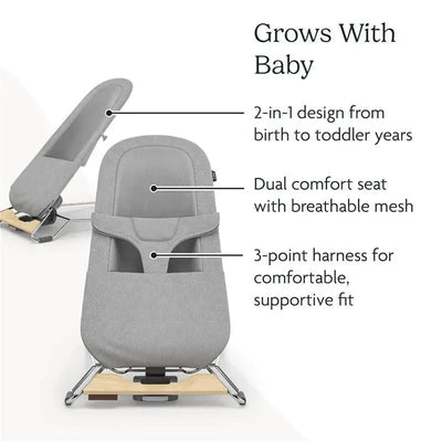Uppababy Mira 2-in-1 Bouncer & Seat in gray, featuring a dual comfort seat, breathable mesh, and a 3-point harness.