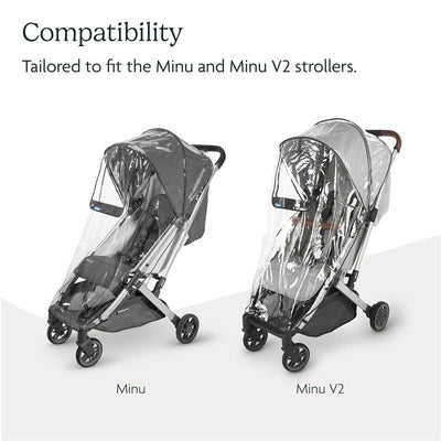 Rain shield for Uppababy Minu and Minu V2 strollers, displaying compatibility with visible details on both models.
