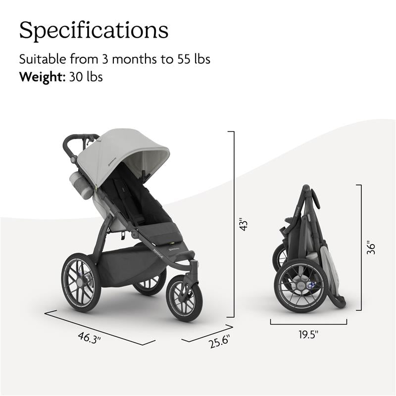 UPPAbaby Ridge V2 Jogging Stroller, Savannah (Pearl Grey | Carbon Frame) Image 6