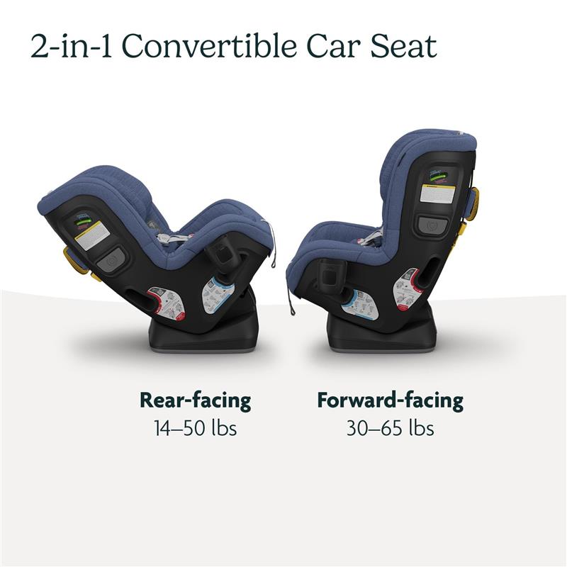 UPPAbaby Rove Convertible Car Seat in Cody, displaying rear-facing and forward-facing positions with weight limits.