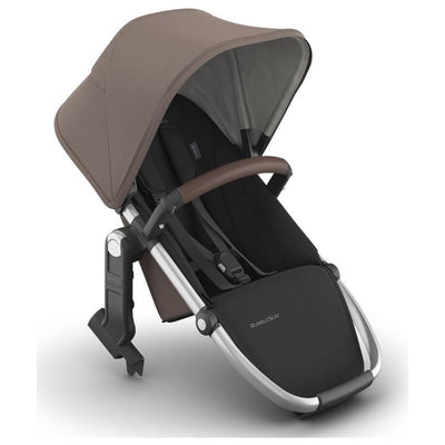 Uppababy Rumbleseat V3 Second Lower Seat in Theo color, featuring a dark taupe canopy, silver frame, and chestnut leather handle.
