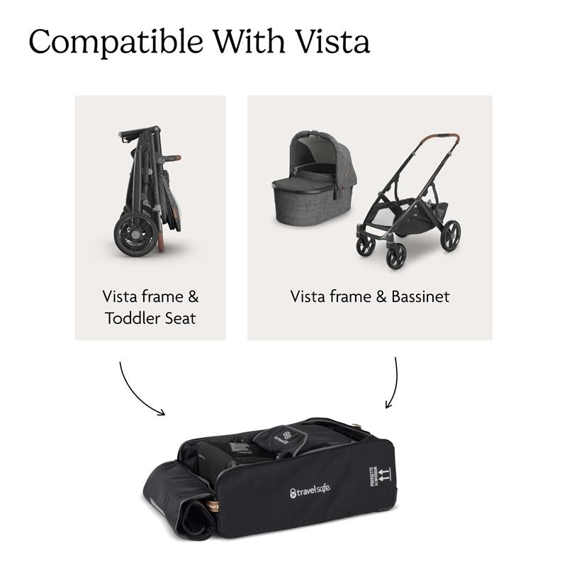 UPPAbaby Travel Bag for Vista and Cruz Strollers, showing compatibility with Vista stroller frames and accessories.