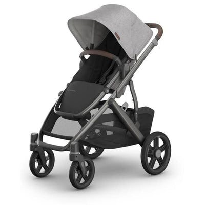 UPPAbaby Vista V3 Single-to-Double Stroller in Beau, featuring a grey chenille canopy, graphite frame, and chestnut leather accents.