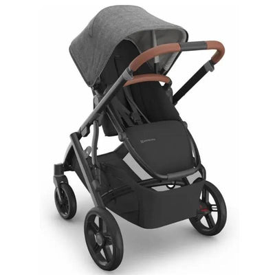 Uppababy Vista V3 stroller in Greyson with a black seat, grey canopy, and brown handlebar visible.