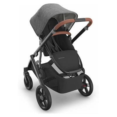 Uppababy Vista V3 stroller in Greyson color featuring a charcoal mélange fabric, carbon frame, and saddle leather handle.