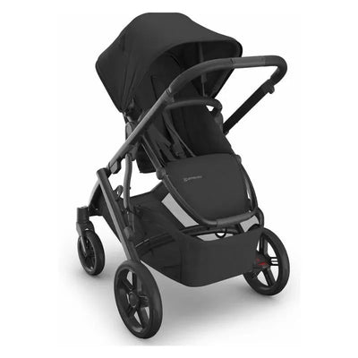 Uppababy Vista V3 stroller in Jake colorway featuring a charcoal carbon frame and black leather accents.
