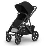 Uppababy Vista V3 Stroller in James with a black fabric seat, carbon frame, and leather accents, showcasing a modern design.