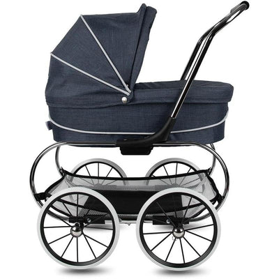 Classic Denim Blue Bassinet Doll Stroller with a chrome frame and four wheels, designed for imaginative play.