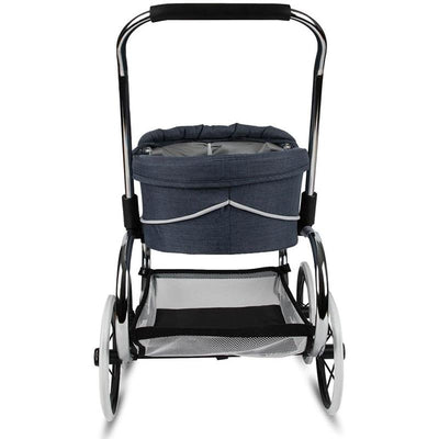 Classic Denim Blue Bassinet Doll Stroller with a black frame, white wheels, and a spacious mesh storage basket underneath.