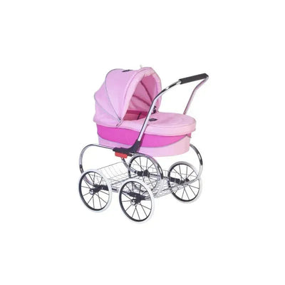 Classic bassinet doll stroller in pink with a soft foldable canopy and chrome wheels, ideal for pretend play.