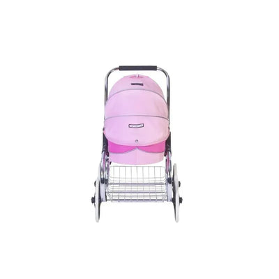 Classic pink bassinet doll stroller with chrome wheels and a storage basket underneath.