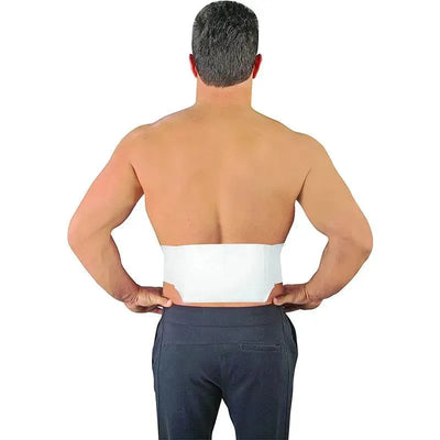Back view of a man wearing a Veridian Theracare heat wrap around his lower back, designed for heat therapy.