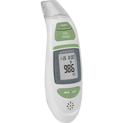 Infrared thermometer by Veridian Healthcare displaying a temperature reading of 98.6°F, with buttons for ear, head, and settings.