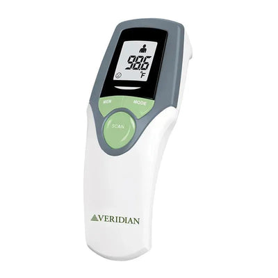 Veridian Healthcare infrared thermometer with digital display and buttons for MEM, MODE, and SCAN; shows temperature 98.6°F.
