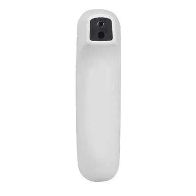 Non-contact infrared thermometer with a simple white design, featuring a black sensor area and measurement function.