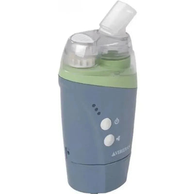 Portable ultrasonic nebulizer from Veridian Healthcare, featuring a green and blue design with control buttons and a mouthpiece.