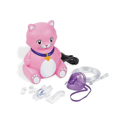 Pink cat-shaped nebulizer device with accessories including a mouthpiece, clear tubing, and inhalation mask.