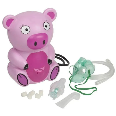 Veridian Pediatric Compressor Nebulizer System designed as a pink pig, with masks and tubing for medication delivery.