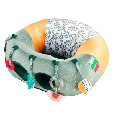 Green and orange baby seat with a playful design, includes sensory toys, perfect for sitting and playtime.