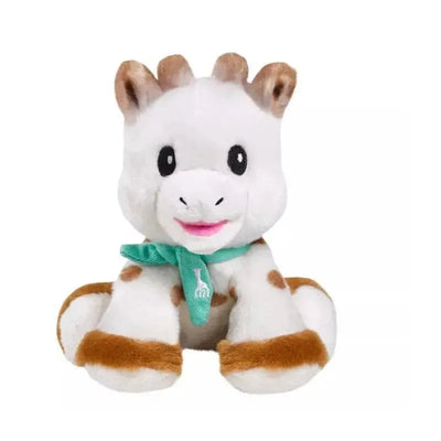 Plush baby toy shaped like a giraffe, featuring a white and brown design with a green scarf.