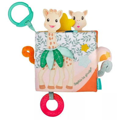 Soft fabric discovery book featuring a giraffe and lamb design, with colorful rings and textured elements for sensory play.
