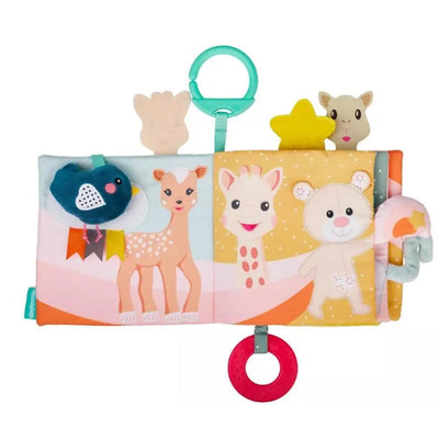 Vulli Discovery Book featuring colorful animal illustrations, textures, and interactive elements for infants.