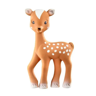 Brown fawn figurine with white spots, playful expression, designed as a soft toy for infants and toddlers.