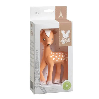 Vulli Fanfan Fawn in brown, a soft rubber toy with spots, displayed in a clear packaging featuring the Eiffel Tower.