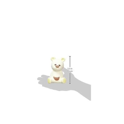 White Vulli Gabin The Bear rattle sitting on a hand, measuring 5.3 inches tall, designed for infants.