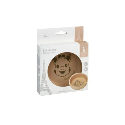 Silicone bowl featuring Sophie La Girafe design, packaged with Eiffel Tower illustration and age recommendation.