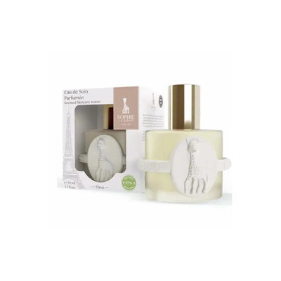 Sophie La Girafe Eau De Soin 50ml in a clear glass bottle featuring a giraffe design, with packaging visible behind.