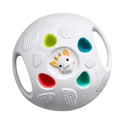 Vulli Sophie La Girafe So Pure Senso Ball, a white sensory toy with colorful textured shapes and a giraffe face.