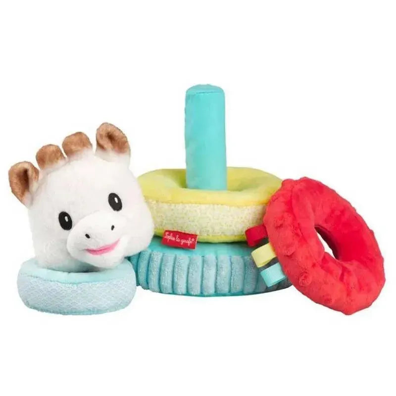 Colorful stacking toy featuring a plush giraffe head atop a pyramid of soft, textured rings in various colors.