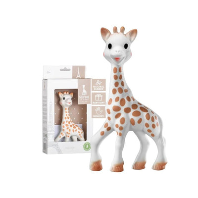 Sophie La Girafe teether made of natural rubber, featuring a giraffe design with brown spots, displayed in its packaging.